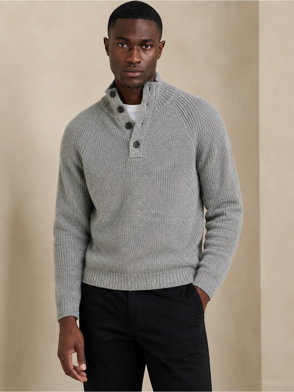 Banana Republic Italian Merino Wool Waffle Knit Mock Neck Henley Sweater L